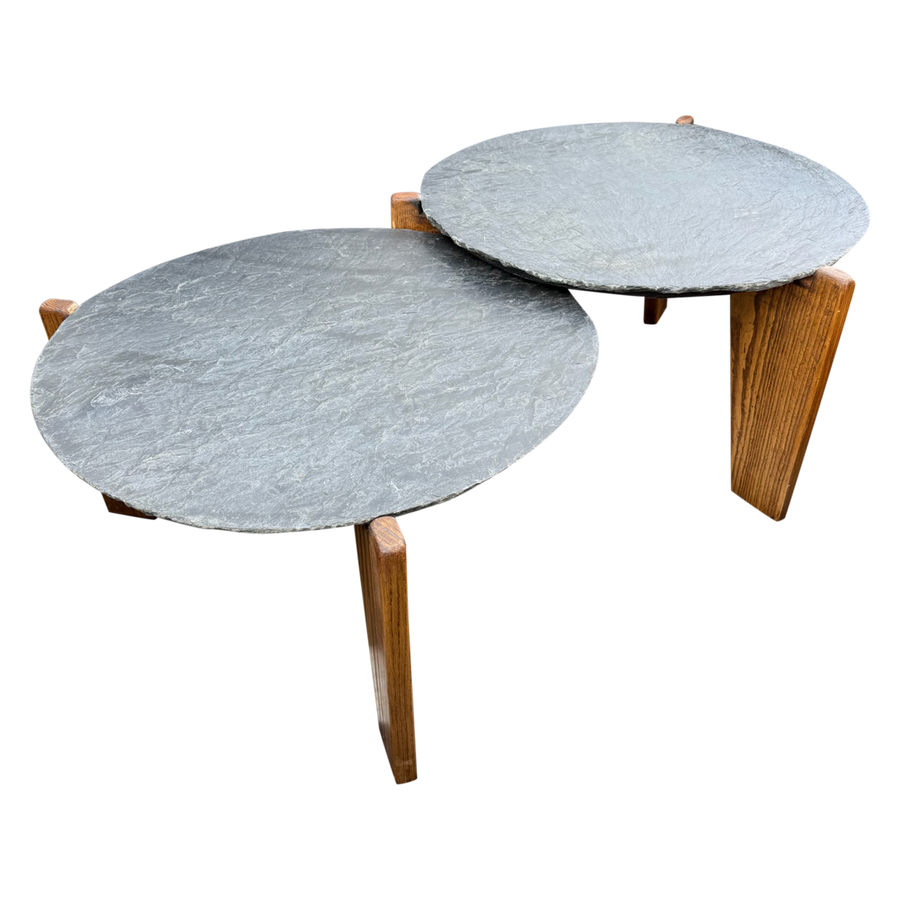 Pair of Slate and Oak Tables, France, 1970s
