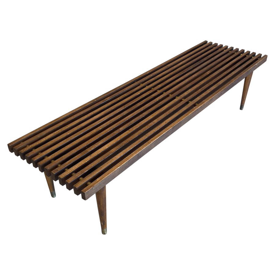 Low Slatted Bench with Brass Accents