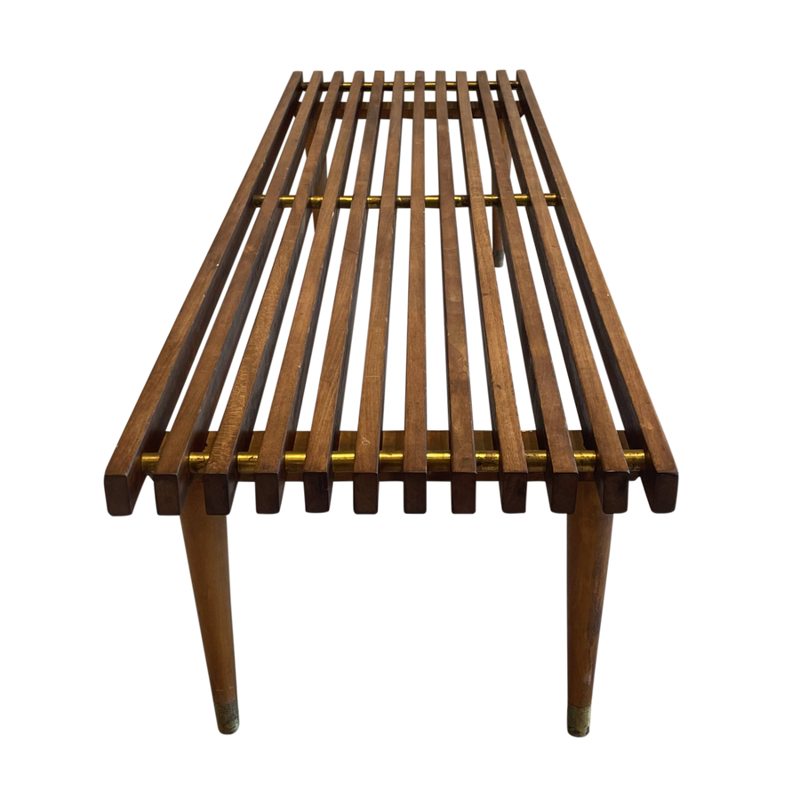 Low Slatted Bench with Brass Accents