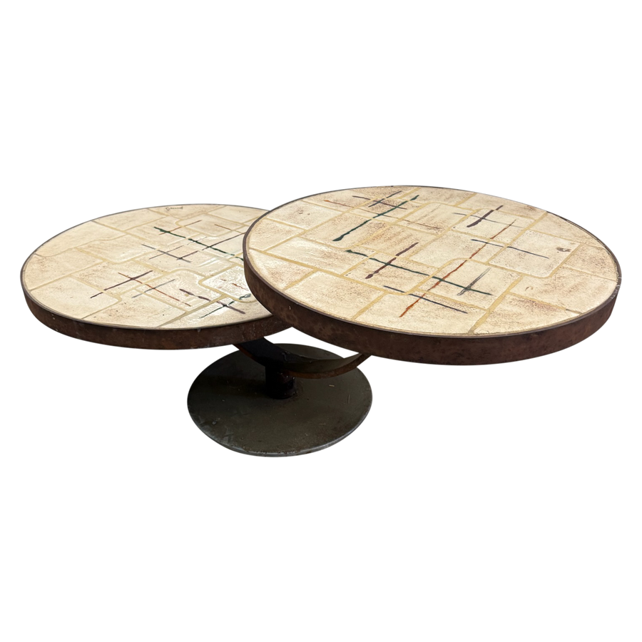 Vintage French Dual Round Tile Top Coffee Table, 1960s