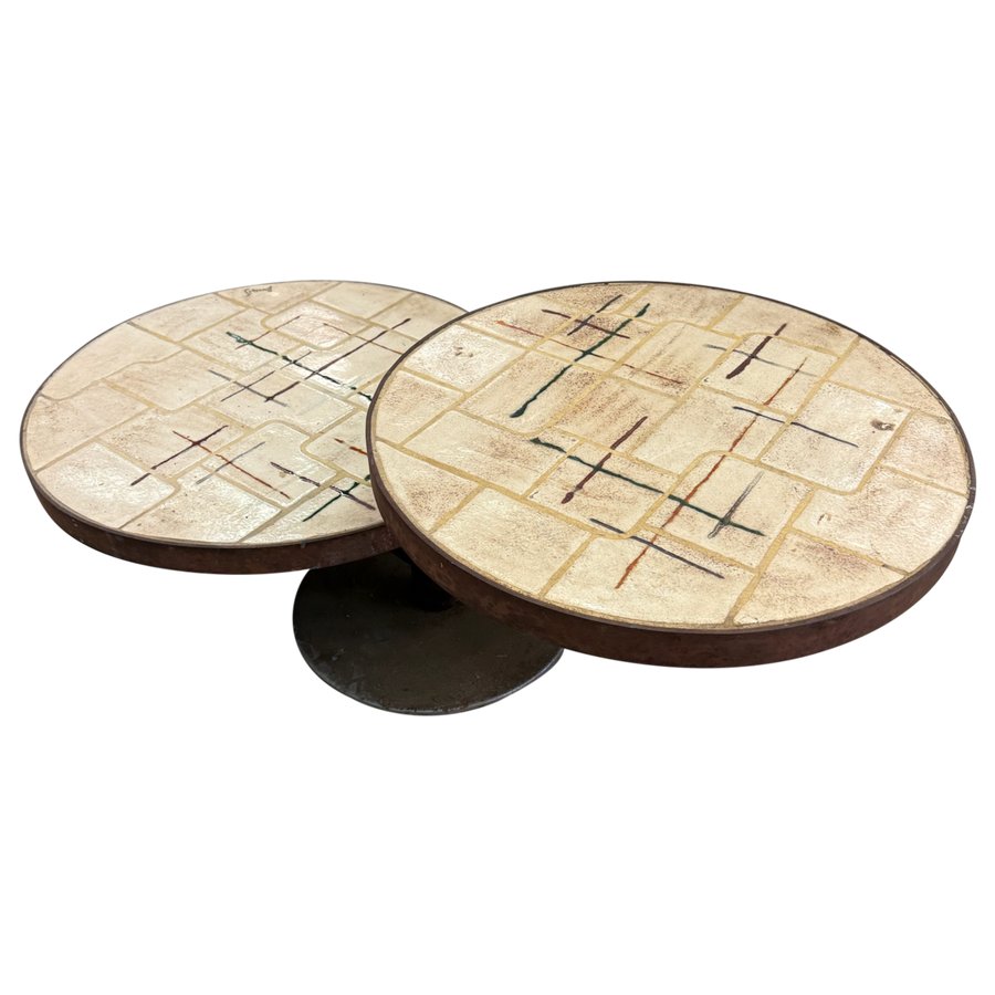Vintage French Dual Round Tile Top Coffee Table, 1960s