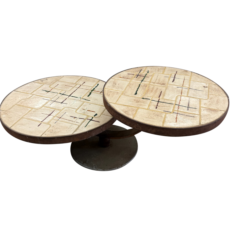 Vintage French Dual Round Tile Top Coffee Table, 1960s