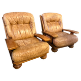 Pair of Rustic Tufted Leather and Pine Lounge Chairs, 1970s