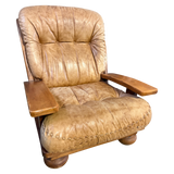 Pair of Rustic Tufted Leather and Pine Lounge Chairs, 1970s