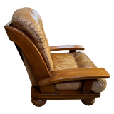 Pair of Rustic Tufted Leather and Pine Lounge Chairs, 1970s