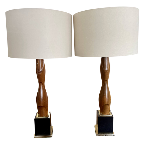 Pair of MCM Carved Wood Lamps
