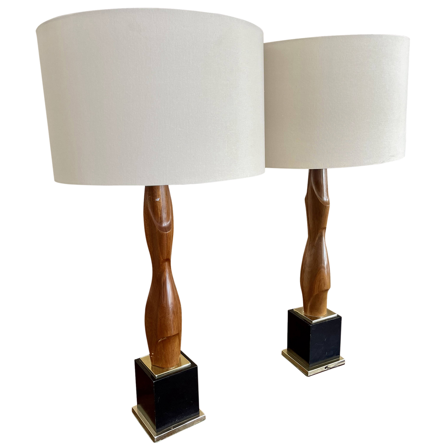 Pair of MCM Carved Wood Lamps