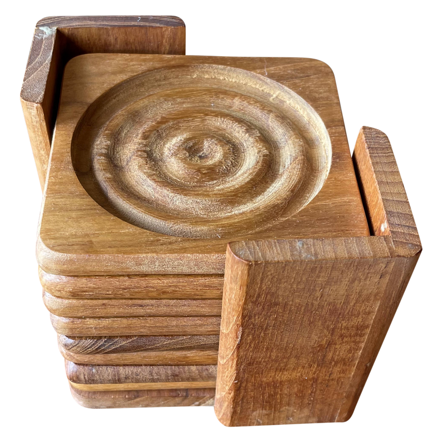 Set of 8 Wood Coasters with Holder