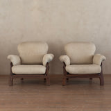 Pair of Italian Walnut Frame Lounge Chairs in Cream Fabric, 1960s