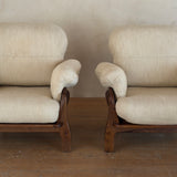 Pair of Italian Walnut Frame Lounge Chairs in Cream Fabric, 1960s