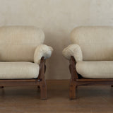 Pair of Italian Walnut Frame Lounge Chairs in Cream Fabric, 1960s