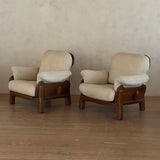 Pair of Italian Walnut Frame Lounge Chairs in Cream Fabric, 1960s