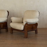 Pair of Italian Walnut Frame Lounge Chairs in Cream Fabric, 1960s