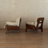 Pair of Italian Walnut Frame Lounge Chairs in Cream Fabric, 1960s