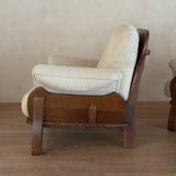 Pair of Italian Walnut Frame Lounge Chairs in Cream Fabric, 1960s