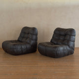 Pair of Italian Low Tufted Espresso Leather Lounge Chairs