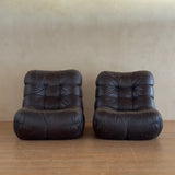 Pair of Italian Low Tufted Espresso Leather Lounge Chairs