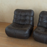 Pair of Italian Low Tufted Espresso Leather Lounge Chairs