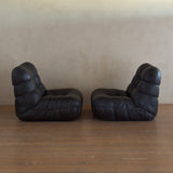 Pair of Italian Low Tufted Espresso Leather Lounge Chairs