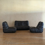 Pair of Italian Low Tufted Espresso Leather Lounge Chairs