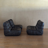 Pair of Italian Low Tufted Espresso Leather Lounge Chairs