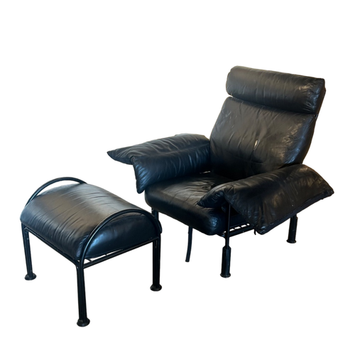 Metal Frame Black Leather Lounge and Ottoman