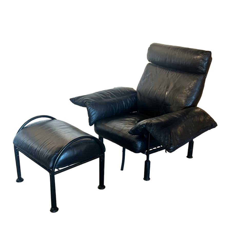 Metal Frame Black Leather Lounge and Ottoman