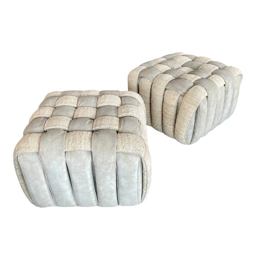 Pair of Leather Woven Ottomans