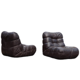 Pair of Italian Low Tufted Black Leather Lounge Chairs