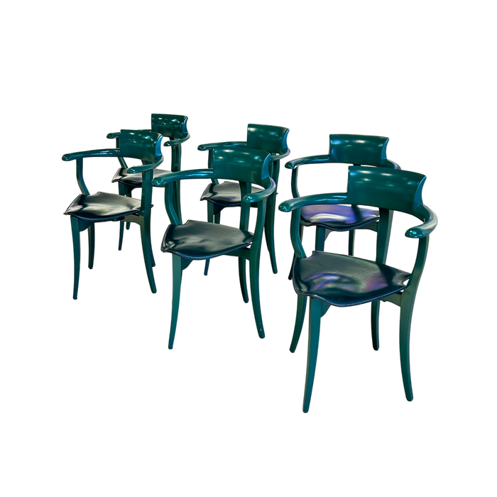 Set of 6 Spanish Green Lacquer and Leather Dining Chairs