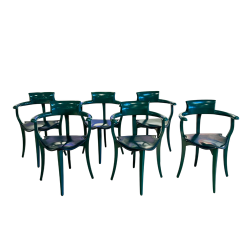 Set of 6 Spanish Green Lacquer and Leather Dining Chairs