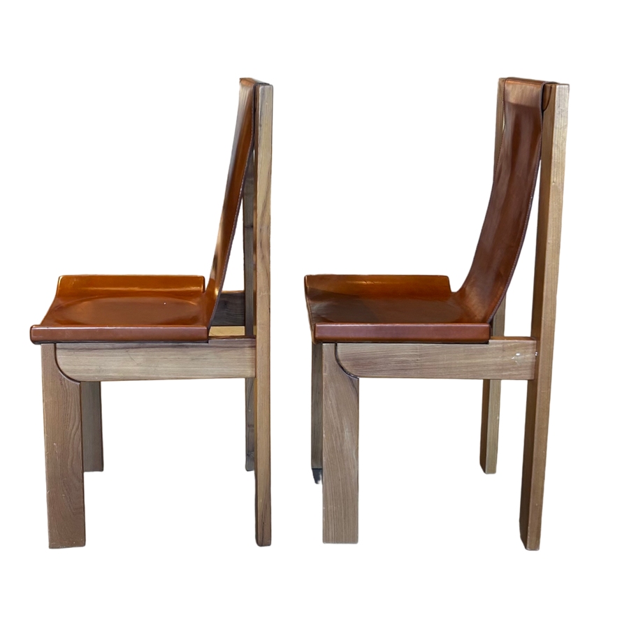 Elm and Leather Dining Chairs by Maison Regain