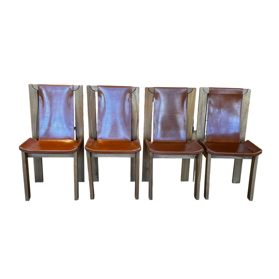 Elm and Leather Dining Chairs by Maison Regain