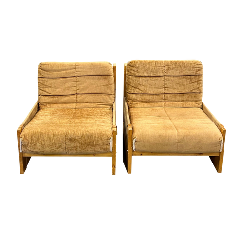 Pair of Gold Velvet Wood Frame Arm Chairs