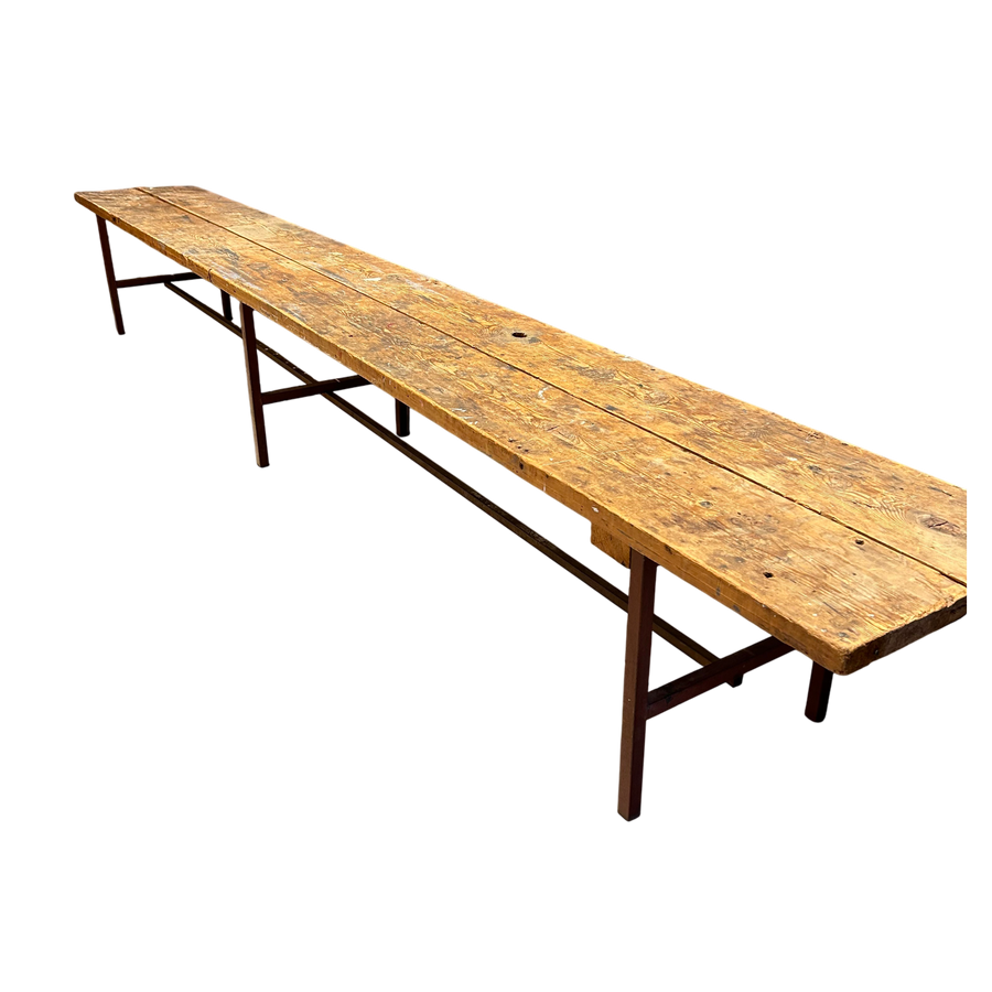 Long Distressed Wood and Iron Bench