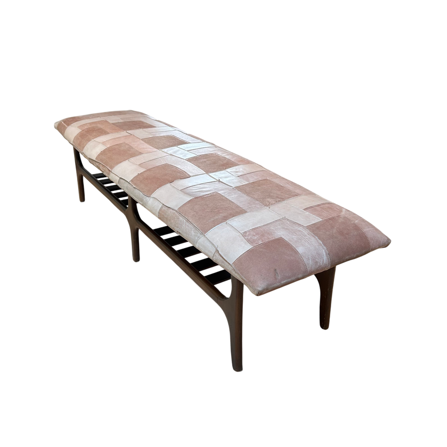 Patchwork Suede and Walnut Bench