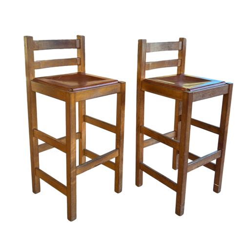 Pair of Vintage Ladderback Saddle Leather Barstools