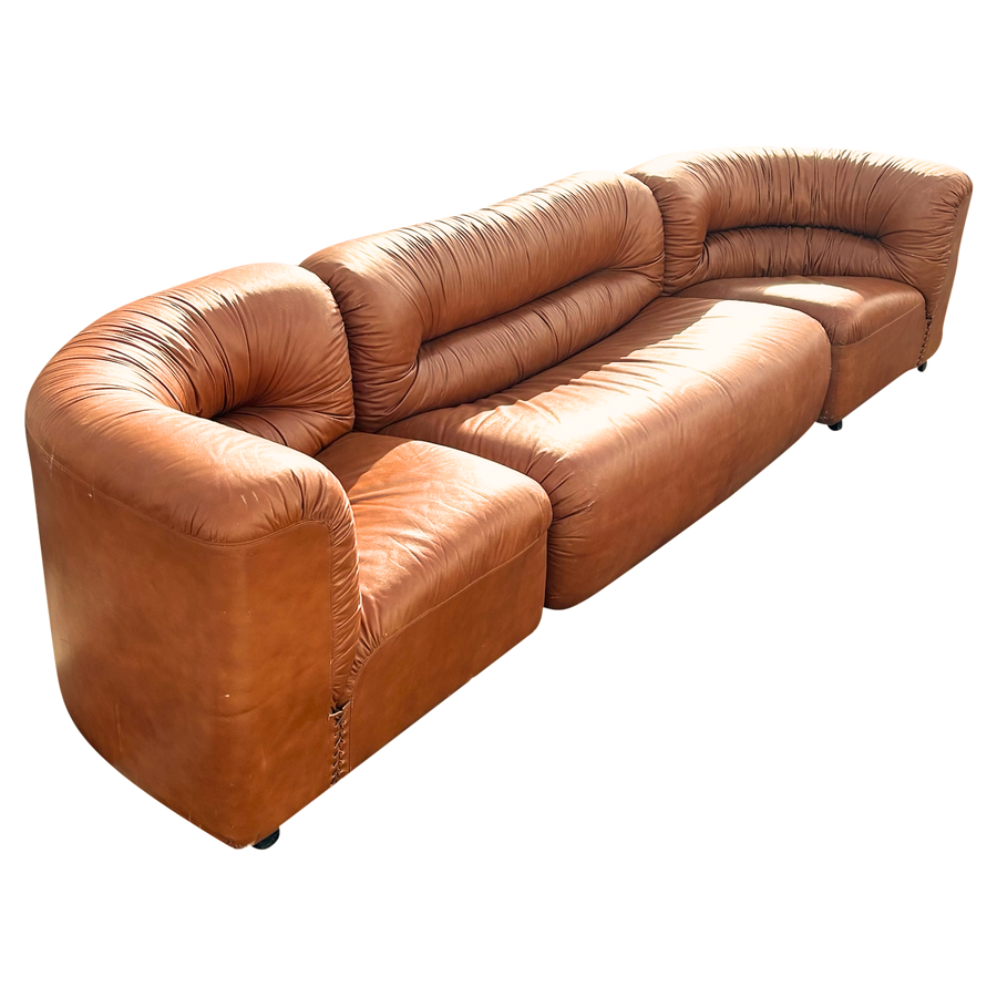 Cognac Leather Channel Back Curved Modular Sectional