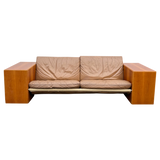 Chunky Wood Arm Leather Sofa attr. Artek