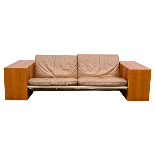 Chunky Wood Arm Leather Sofa attr. Artek