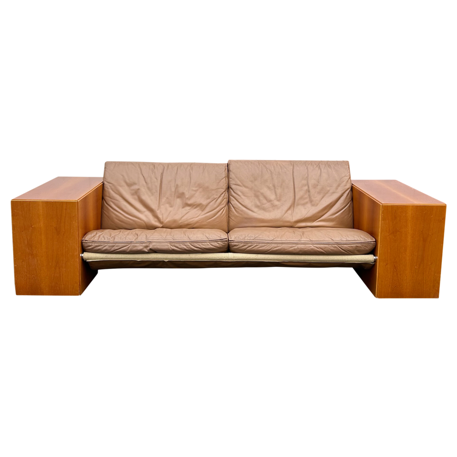 Chunky Wood Arm Leather Sofa attr. Artek