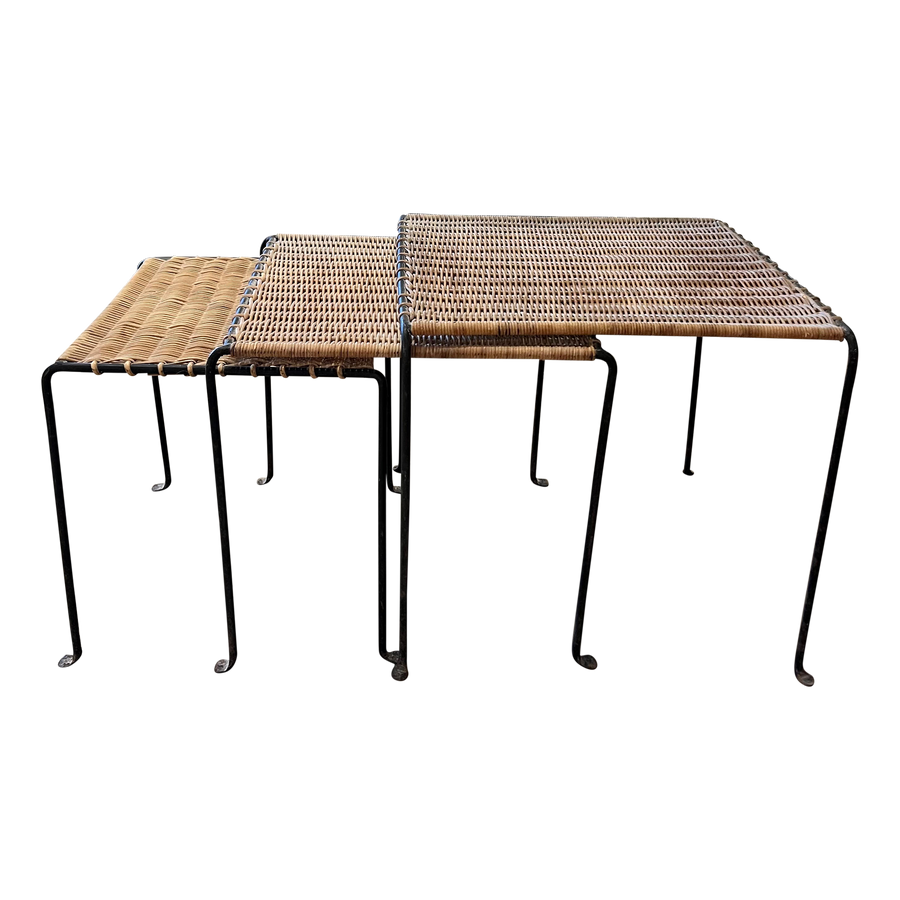 Trio of Iron and Wicker Wrapped Nesting Tables