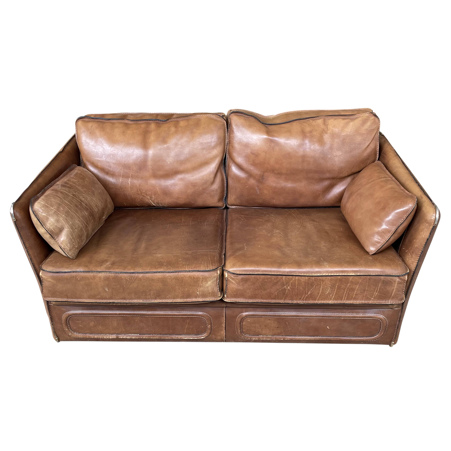 Leather Loveseat with Brass Details by Roche Bobois