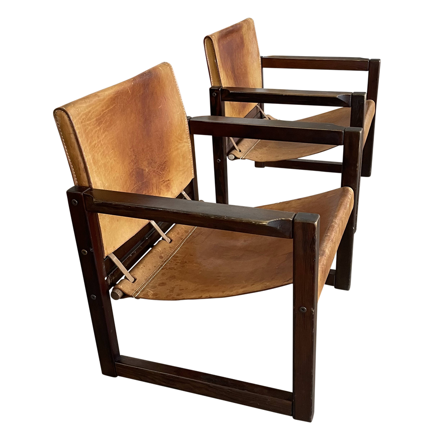 Pair of Leather and Wood Safari Chairs